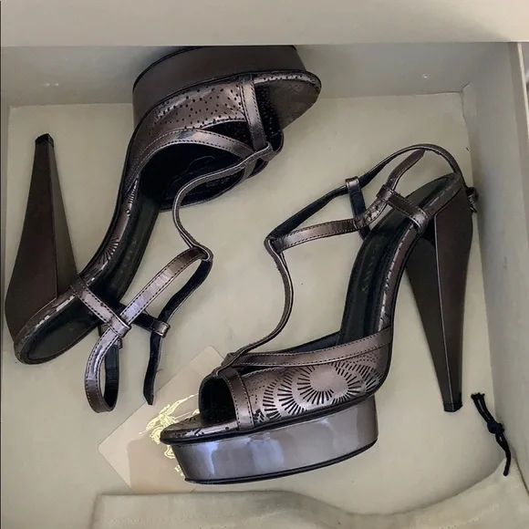 Burberry Leather T-Strap Stilettos in Dark Nickel